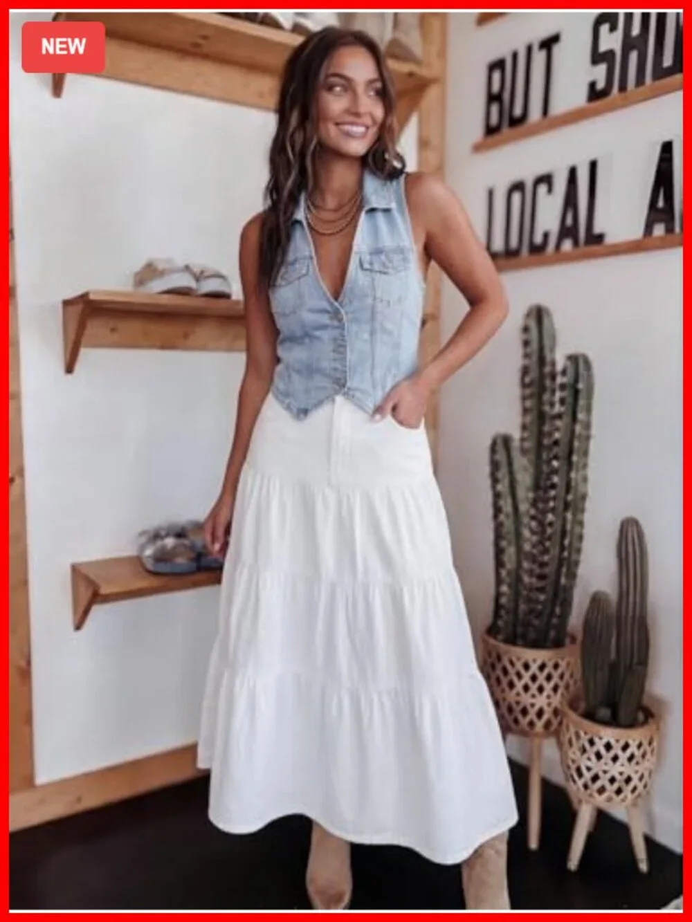 Long Tiered Maxi Denim Skirt High Elastic Waist Jean A-Line